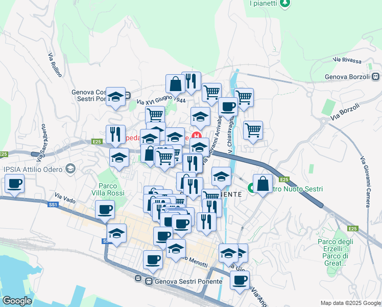 map of restaurants, bars, coffee shops, grocery stores, and more near 10 Via Domenico Oliva in Genoa