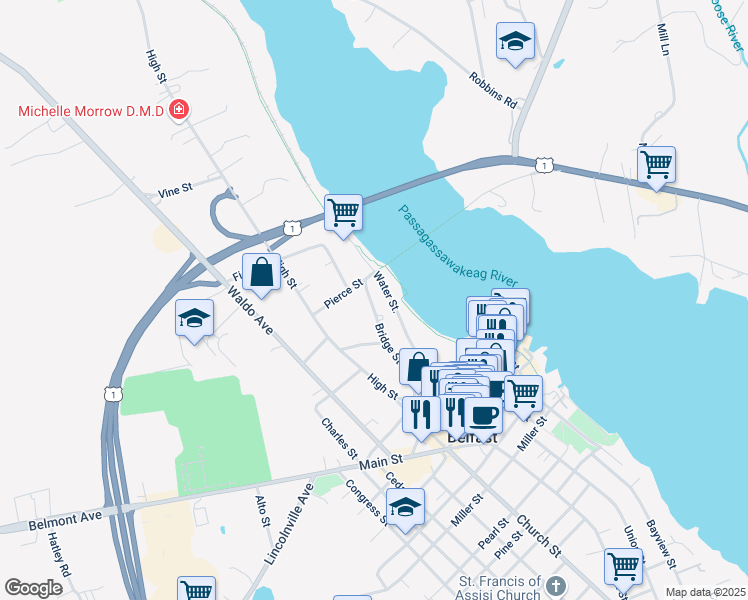 map of restaurants, bars, coffee shops, grocery stores, and more near 18 Bridge Street in Belfast