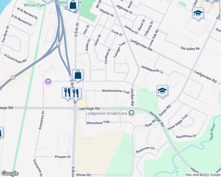 map of restaurants, bars, coffee shops, grocery stores, and more near 1515 Weatherstone Trail in De Pere