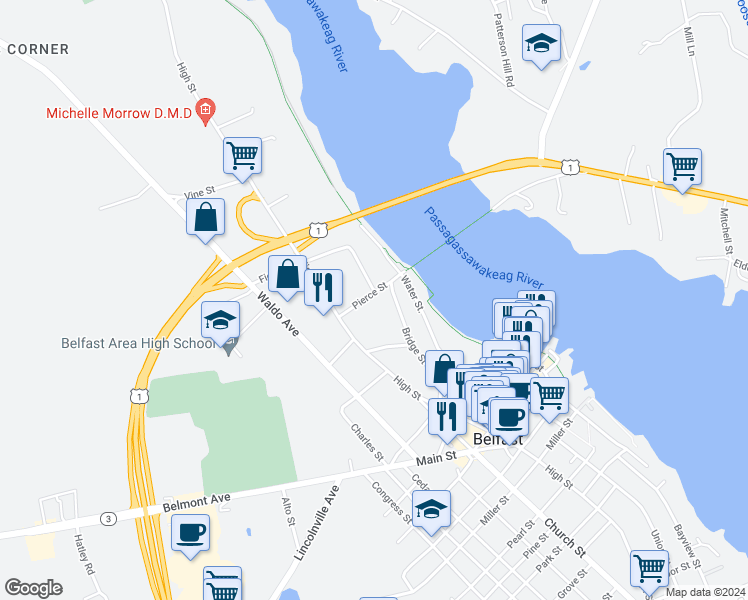 map of restaurants, bars, coffee shops, grocery stores, and more near 8A Pierce Street in Belfast