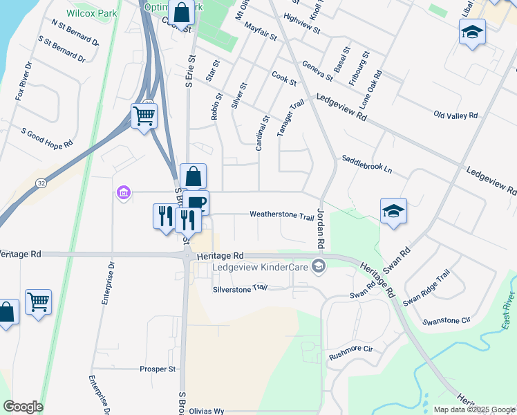 map of restaurants, bars, coffee shops, grocery stores, and more near 1515 Weatherstone Trail in De Pere