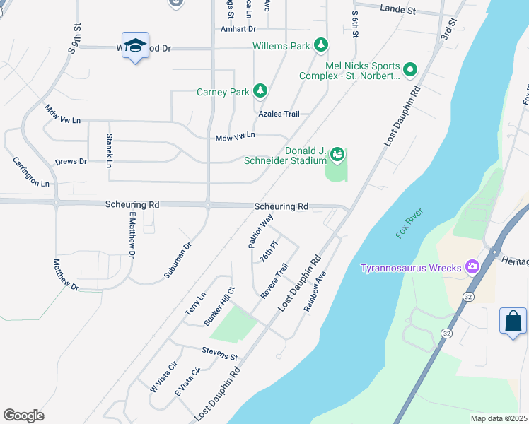 map of restaurants, bars, coffee shops, grocery stores, and more near 1700 Patriot Way in De Pere