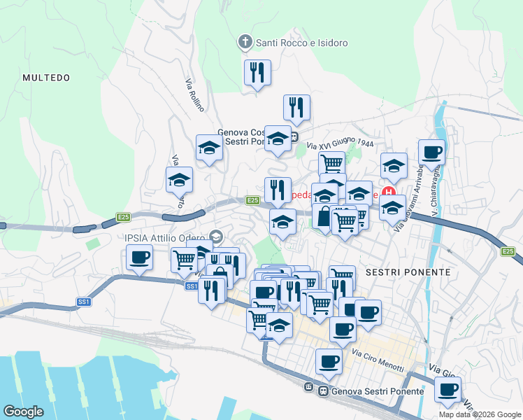 map of restaurants, bars, coffee shops, grocery stores, and more near Salita Cataldi in Genoa