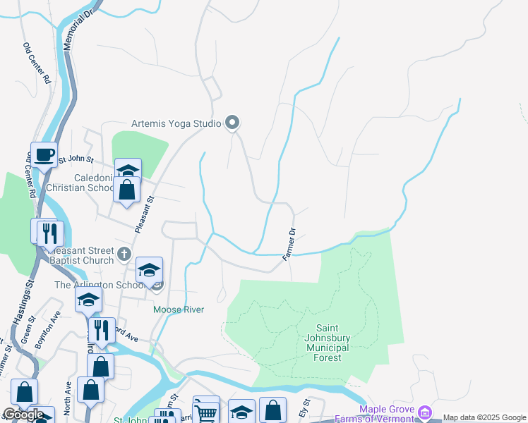 map of restaurants, bars, coffee shops, grocery stores, and more near 599 Farmer Drive in Saint Johnsbury