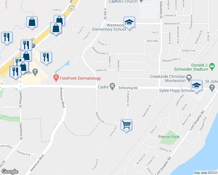 map of restaurants, bars, coffee shops, grocery stores, and more near 1253 Scheuring Road in De Pere