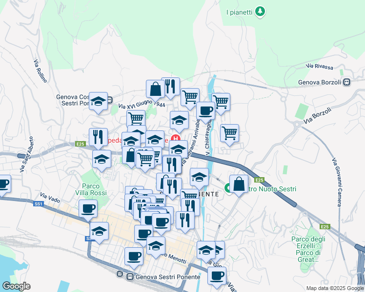 map of restaurants, bars, coffee shops, grocery stores, and more near 10 Via Domenico Oliva in Genoa