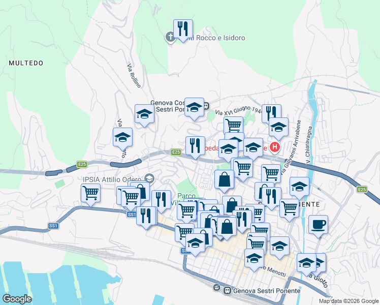 map of restaurants, bars, coffee shops, grocery stores, and more near 44 Via Jacopo Bonfadio in Genoa