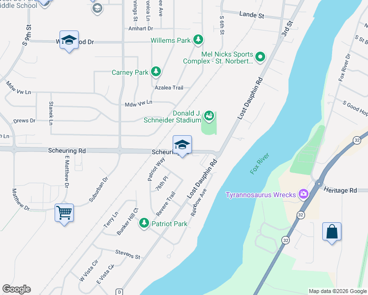 map of restaurants, bars, coffee shops, grocery stores, and more near 728 Scheuring Road in De Pere