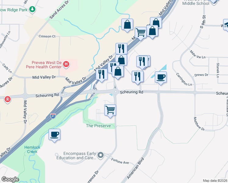 map of restaurants, bars, coffee shops, grocery stores, and more near 1620 Lawrence Drive in De Pere