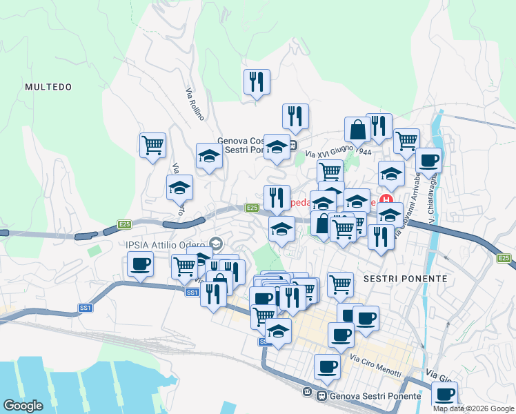 map of restaurants, bars, coffee shops, grocery stores, and more near 44 Via Jacopo Bonfadio in Genoa
