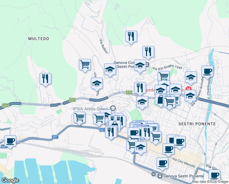 map of restaurants, bars, coffee shops, grocery stores, and more near Via Briscata in Genoa