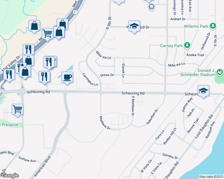 map of restaurants, bars, coffee shops, grocery stores, and more near 1270 Scheuring Road in De Pere