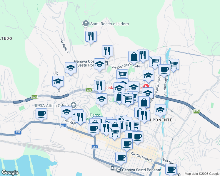 map of restaurants, bars, coffee shops, grocery stores, and more near Via Rio Maltempo in Genoa