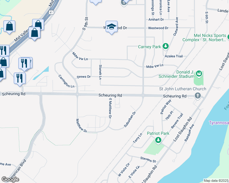 map of restaurants, bars, coffee shops, grocery stores, and more near 1169 Countryside Drive in De Pere