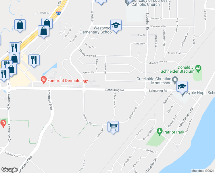 map of restaurants, bars, coffee shops, grocery stores, and more near 1193 Countryside Drive in De Pere