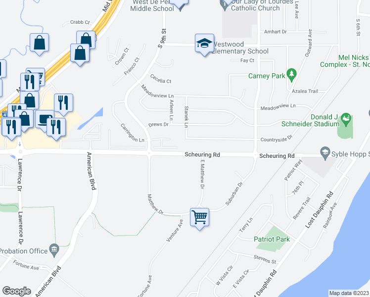 map of restaurants, bars, coffee shops, grocery stores, and more near 1193 Countryside Drive in De Pere