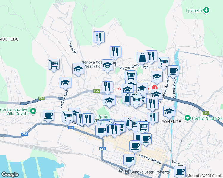 map of restaurants, bars, coffee shops, grocery stores, and more near Via Santa Maria della Costa in Genoa