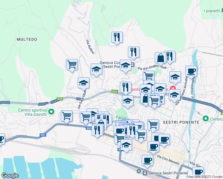 map of restaurants, bars, coffee shops, grocery stores, and more near Salita Cataldi in Genoa