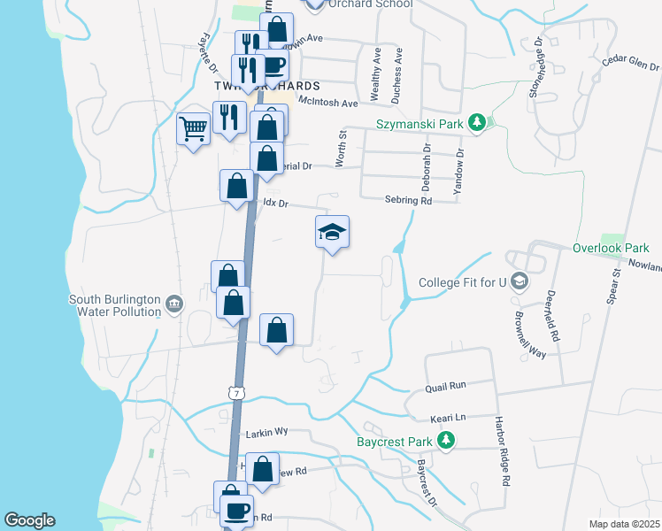 map of restaurants, bars, coffee shops, grocery stores, and more near 75 Green Mountain Drive in South Burlington