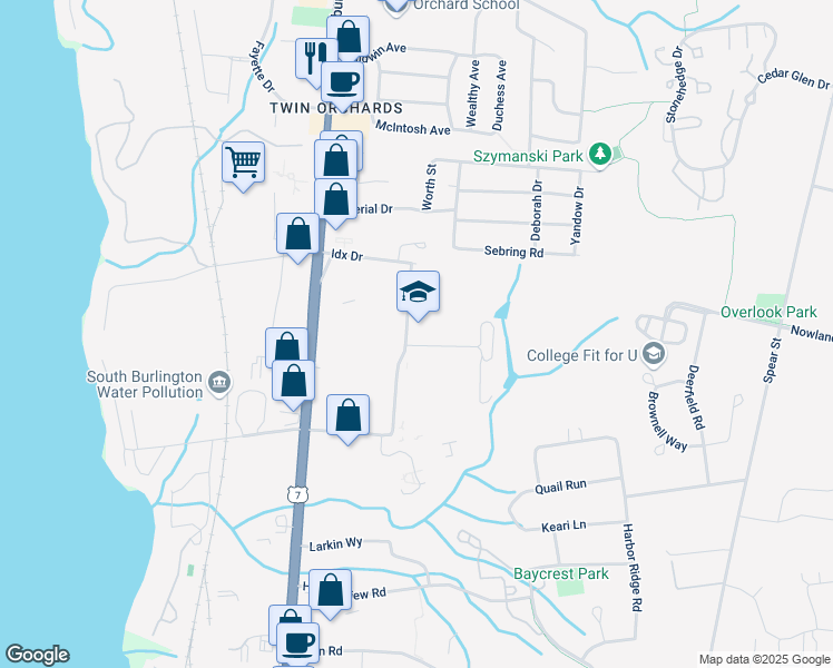 map of restaurants, bars, coffee shops, grocery stores, and more near 75 Green Mountain Drive in South Burlington