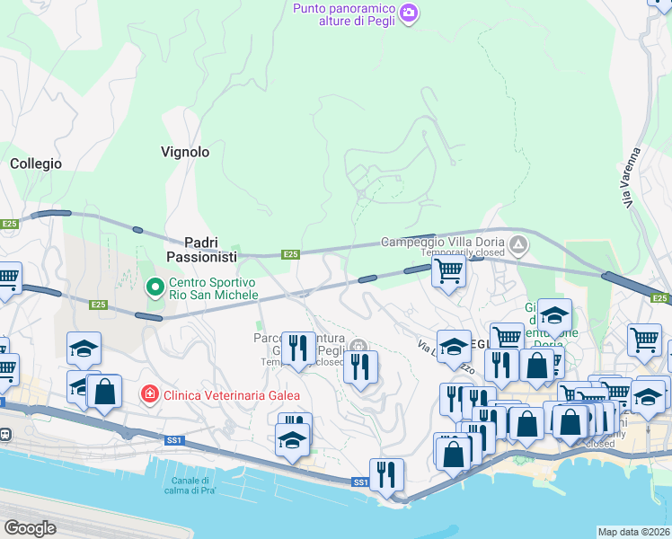 map of restaurants, bars, coffee shops, grocery stores, and more near 56 Via Emilio Salgari in Genova