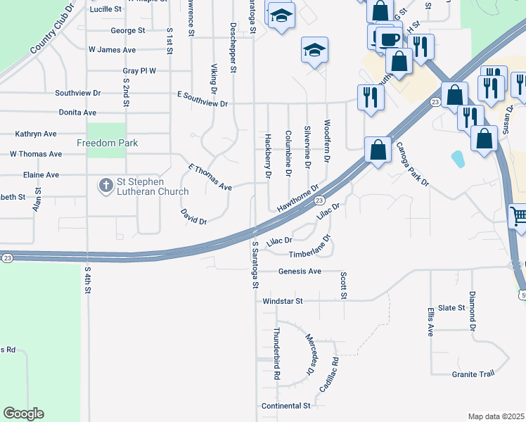 map of restaurants, bars, coffee shops, grocery stores, and more near 1106 Hackberry Drive in Marshall