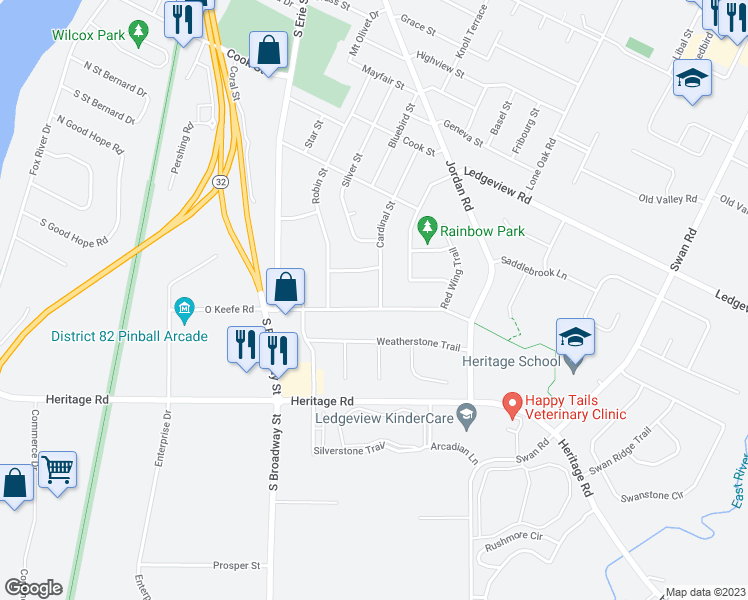 map of restaurants, bars, coffee shops, grocery stores, and more near 1166 Cardinal Street in De Pere