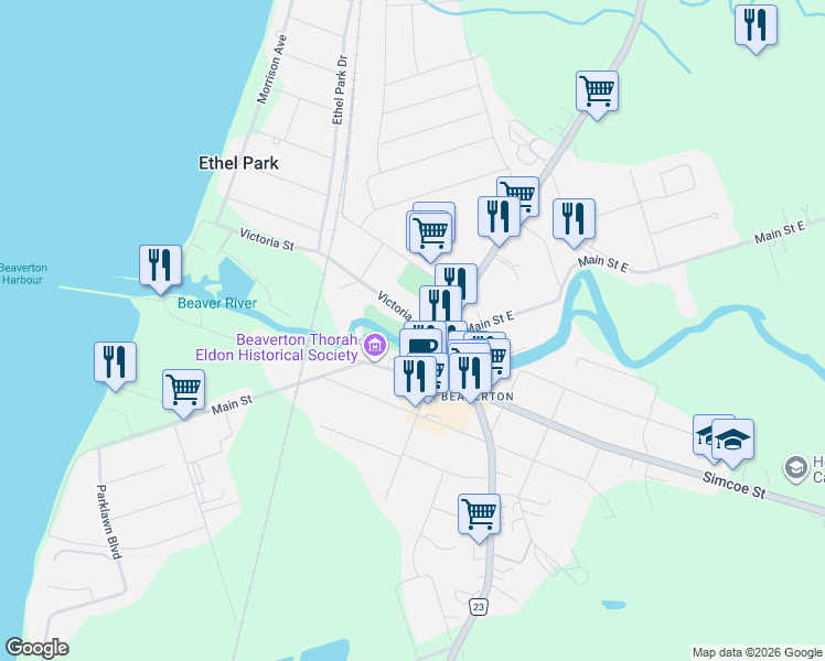 map of restaurants, bars, coffee shops, grocery stores, and more near 301 Victoria Avenue in Beaverton