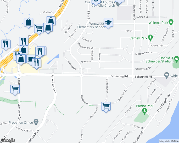 map of restaurants, bars, coffee shops, grocery stores, and more near 1208 Maplewood Court in De Pere
