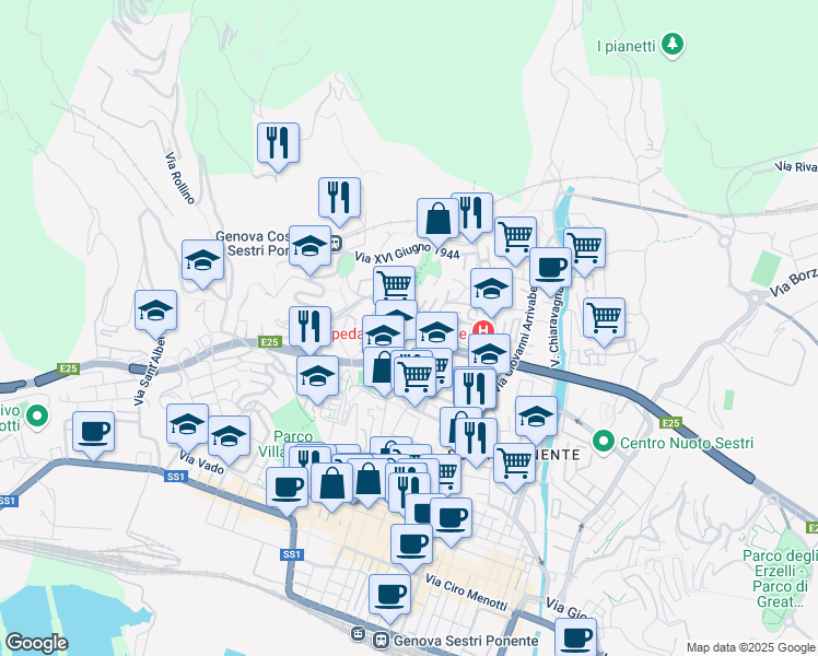 map of restaurants, bars, coffee shops, grocery stores, and more near 49 Via Paolo Toscanelli in Genoa