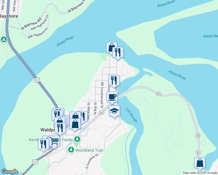 map of restaurants, bars, coffee shops, grocery stores, and more near 226 Keady Street in Waldport