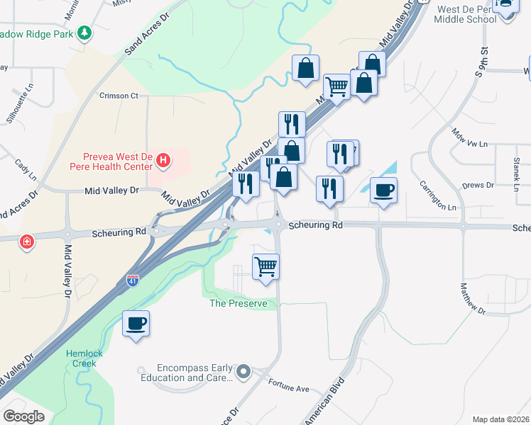 map of restaurants, bars, coffee shops, grocery stores, and more near 1620 Lawrence Drive in De Pere
