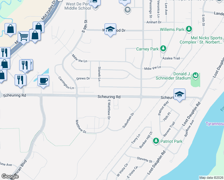 map of restaurants, bars, coffee shops, grocery stores, and more near 1169 Countryside Drive in De Pere