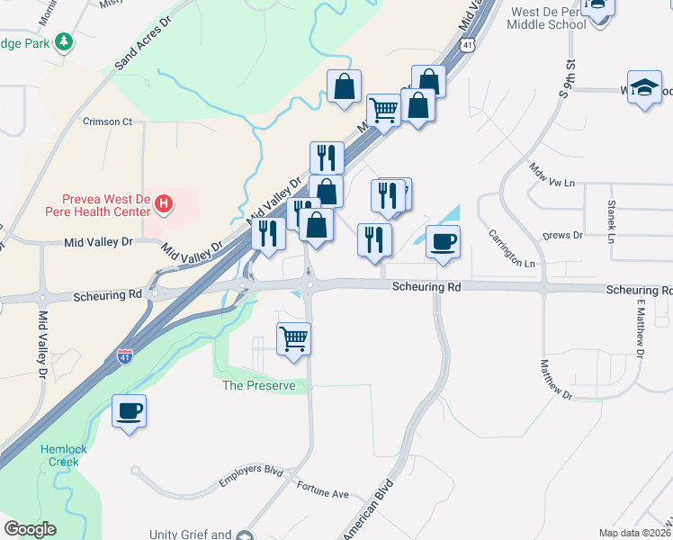 map of restaurants, bars, coffee shops, grocery stores, and more near 1601 Lawrence Dr in De Pere
