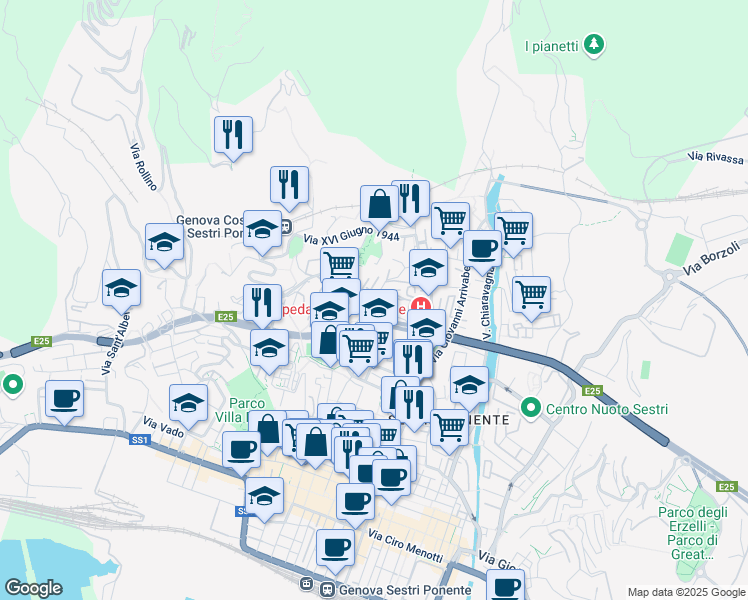 map of restaurants, bars, coffee shops, grocery stores, and more near Via Pian di Forno in Genoa