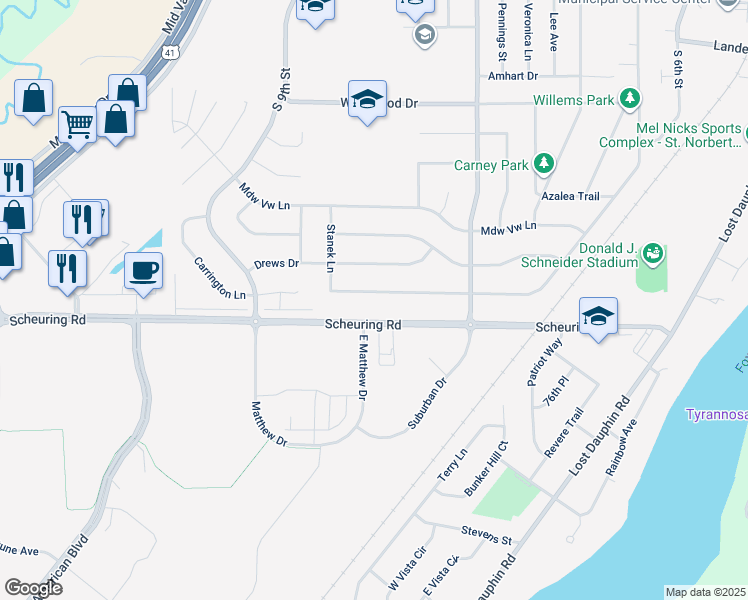 map of restaurants, bars, coffee shops, grocery stores, and more near 1169 Countryside Drive in De Pere