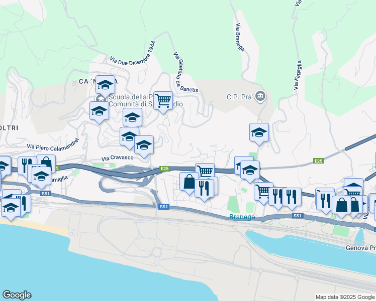 map of restaurants, bars, coffee shops, grocery stores, and more near 132 Via Evasio Montanella in Genova