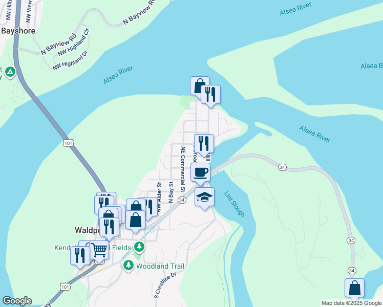 map of restaurants, bars, coffee shops, grocery stores, and more near 216-226 Keady Street in Waldport