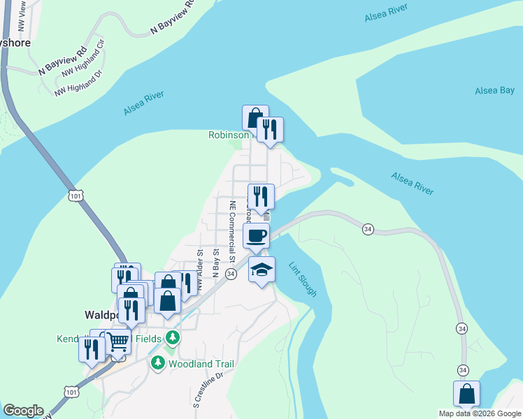 map of restaurants, bars, coffee shops, grocery stores, and more near 840 Northeast Mill Street in Waldport