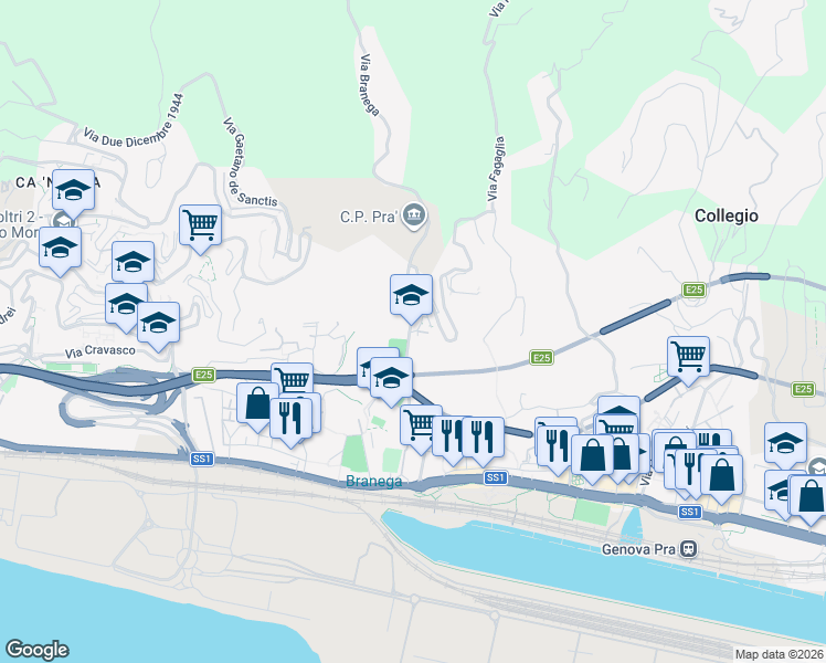 map of restaurants, bars, coffee shops, grocery stores, and more near 40 Via Branega in Genova