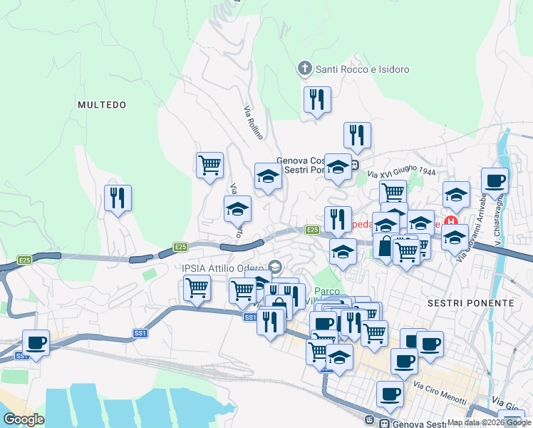 map of restaurants, bars, coffee shops, grocery stores, and more near Via Briscata in Genoa