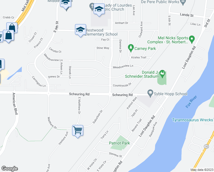 map of restaurants, bars, coffee shops, grocery stores, and more near 1105 Countryside Drive in De Pere