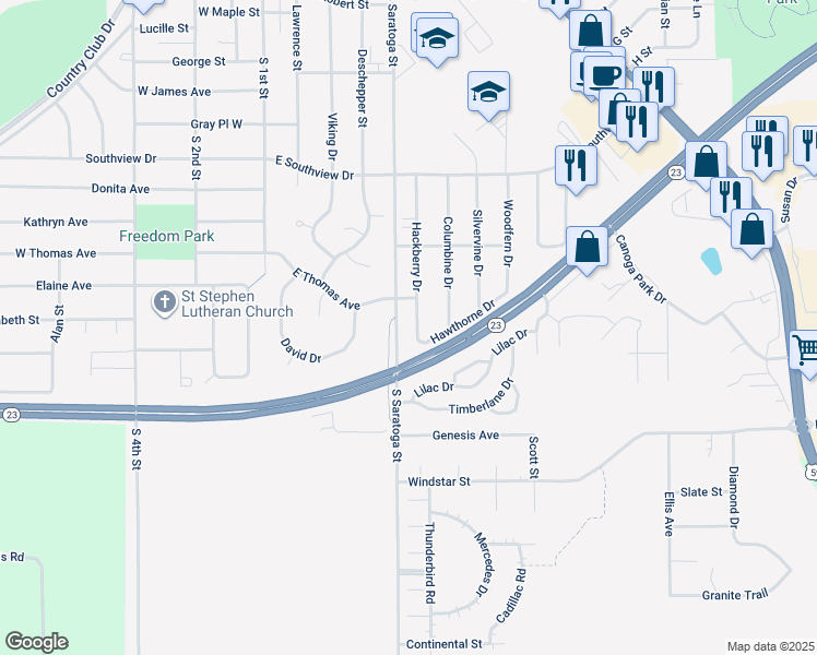 map of restaurants, bars, coffee shops, grocery stores, and more near 1106 Hackberry Drive in Marshall