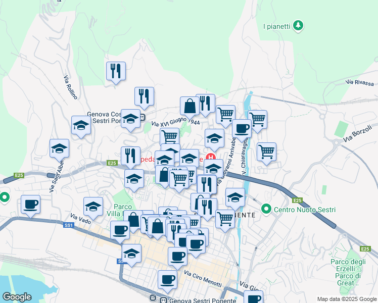 map of restaurants, bars, coffee shops, grocery stores, and more near Via Pian di Forno in Genova