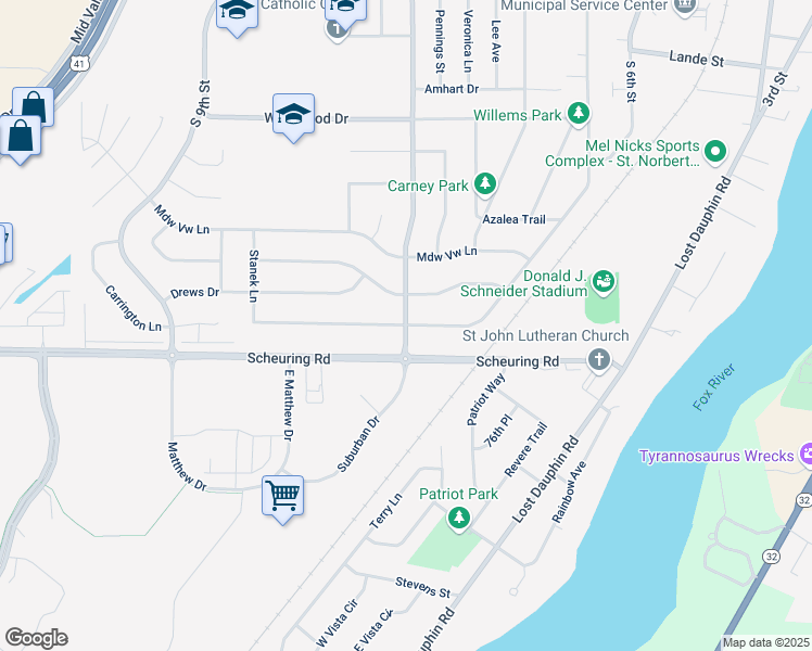 map of restaurants, bars, coffee shops, grocery stores, and more near 1605 Suburban Drive in De Pere