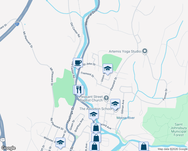 map of restaurants, bars, coffee shops, grocery stores, and more near 127 Tremont Street in Saint Johnsbury