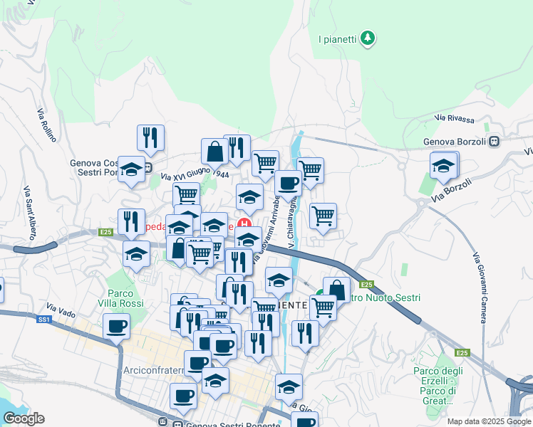 map of restaurants, bars, coffee shops, grocery stores, and more near 161 Via Giovanni Arrivabene in Genoa