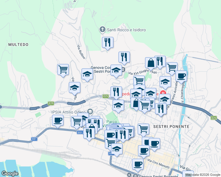 map of restaurants, bars, coffee shops, grocery stores, and more near 44 Via Jacopo Bonfadio in Genoa