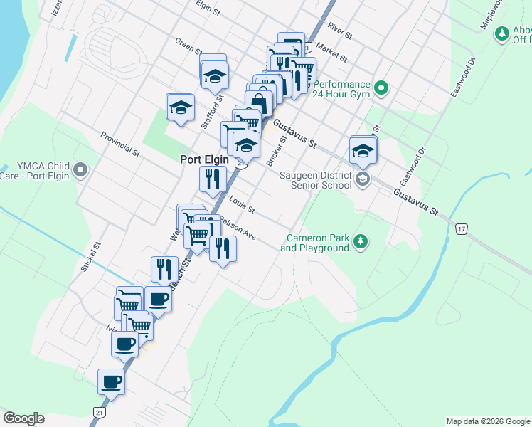 map of restaurants, bars, coffee shops, grocery stores, and more near 669 Louis Street in Port Elgin
