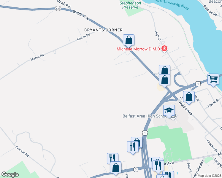 map of restaurants, bars, coffee shops, grocery stores, and more near 28 Merriam Road in Belfast